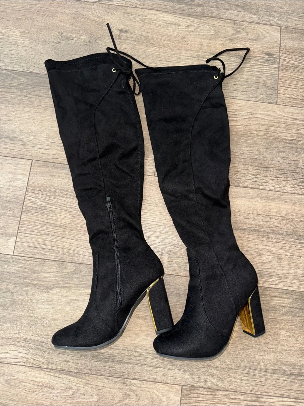 Black Over-the-Knee Block Heel Boots with Gold Accent